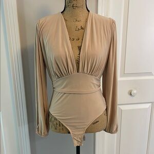 Fashion Nova Tan Wrap Bodysuit with Deep V Neckline and Fitted Style